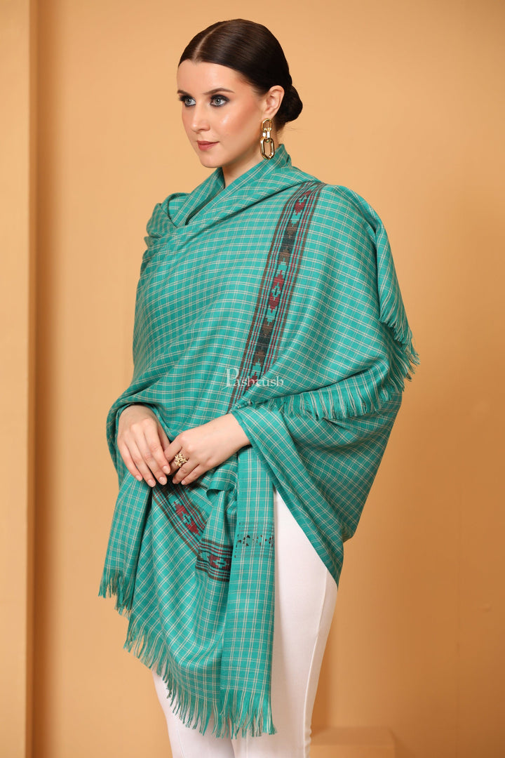 Pashtush India Womens Shawls Pashtush Womens Fine Wool Shawl, Aztec Weave, Woven Design, Sea Green