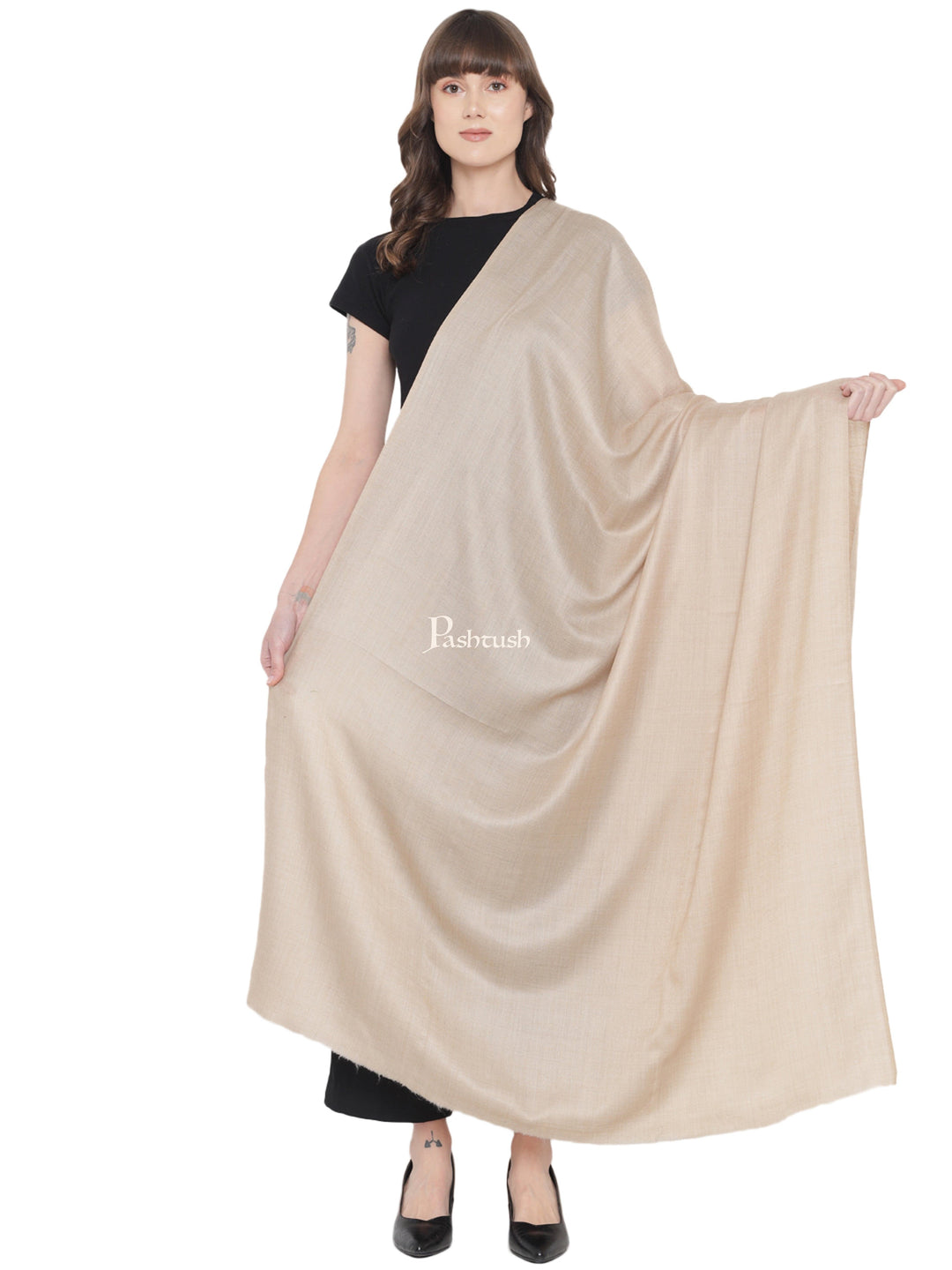 Pashtush India Womens Shawls Pashtush Womens Fine Wool Shawl, Basics, Extra Soft Warm Light Weight, Solid Beige