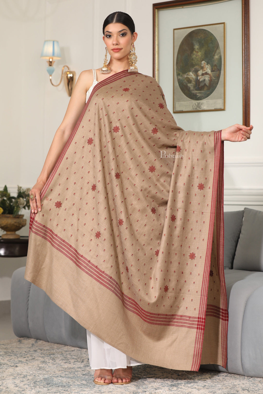 Pashtush India Womens Shawls Pashtush Womens Fine Wool Shawl, Booti Embroidery Design, Beige