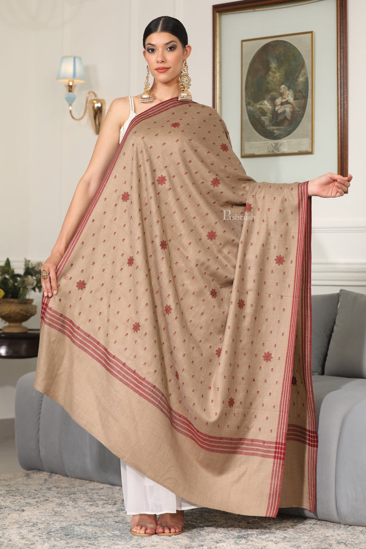 Pashtush India Womens Shawls Pashtush Womens Fine Wool Shawl, Booti Embroidery Design, Beige