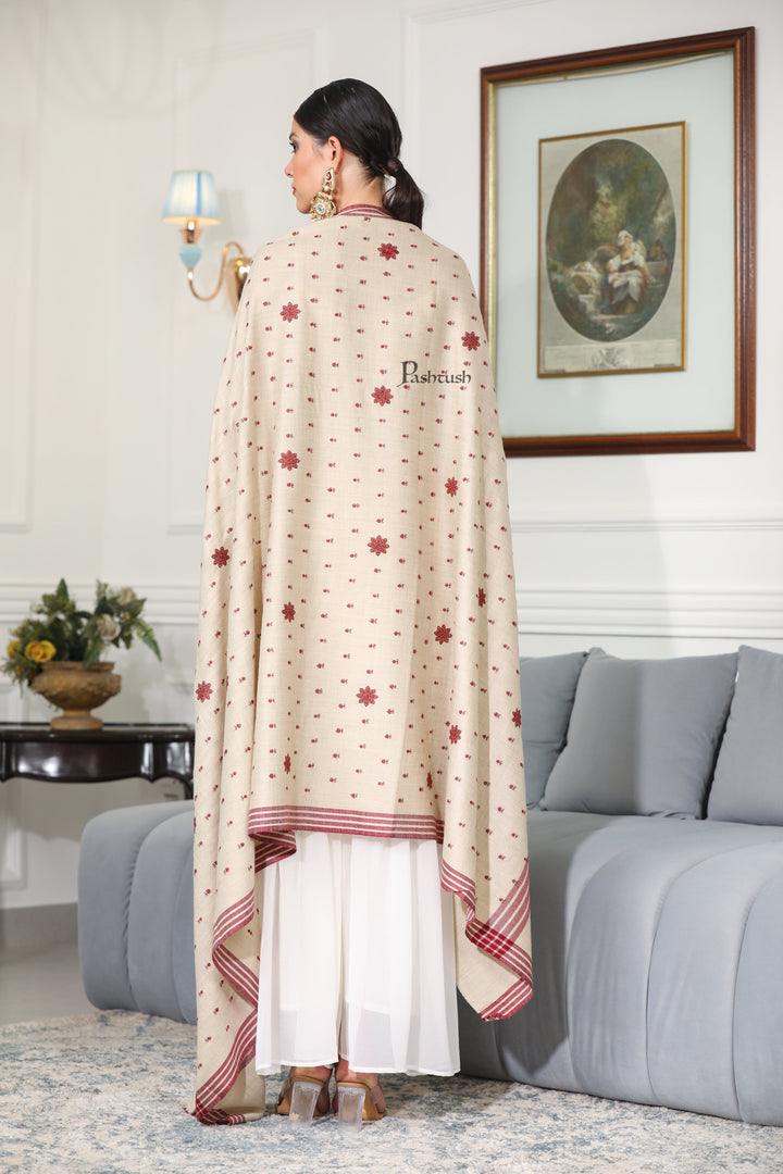 Pashtush India Womens Shawls Pashtush Womens Fine Wool Shawl, Booti Embroidery Design, Beige