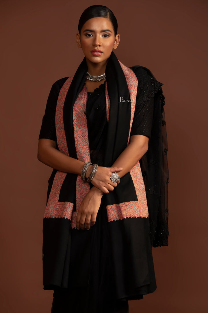 Pashtush India Womens Shawls Pashtush Womens Fine Wool Shawl, Border Embroidery, Challa Daur, Black