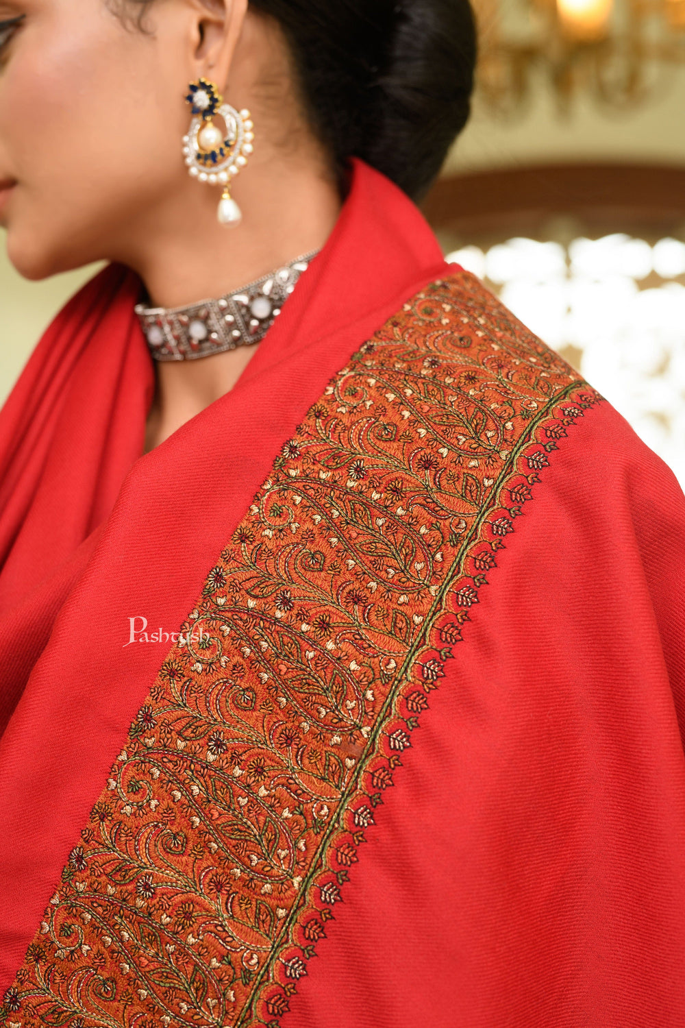Pashtush India Womens Shawls Pashtush Womens Fine Wool Shawl, Border Embroidery Challa Daur Design, Red
