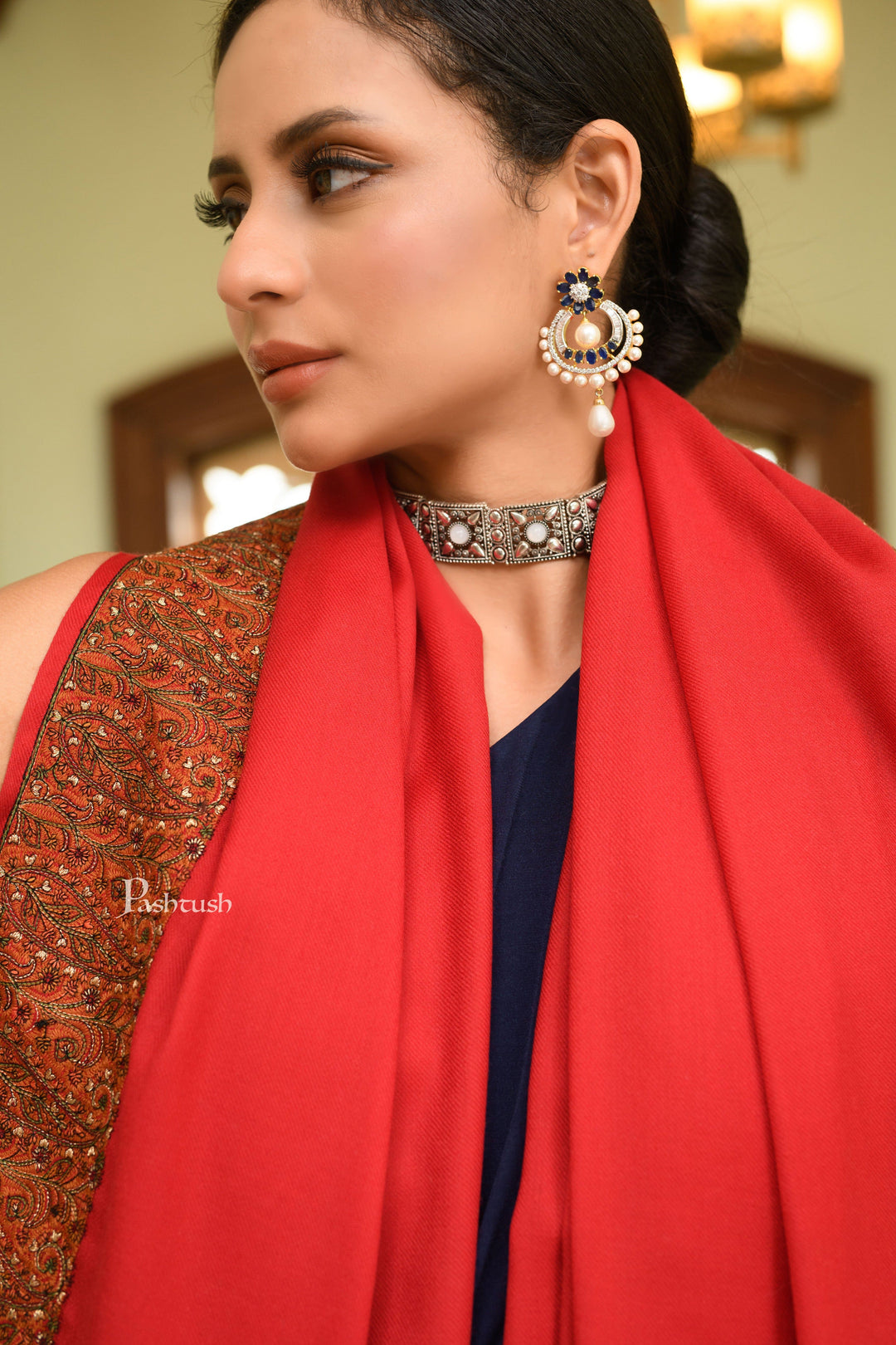 Pashtush India Womens Shawls Pashtush Womens Fine Wool Shawl, Border Embroidery Challa Daur Design, Red