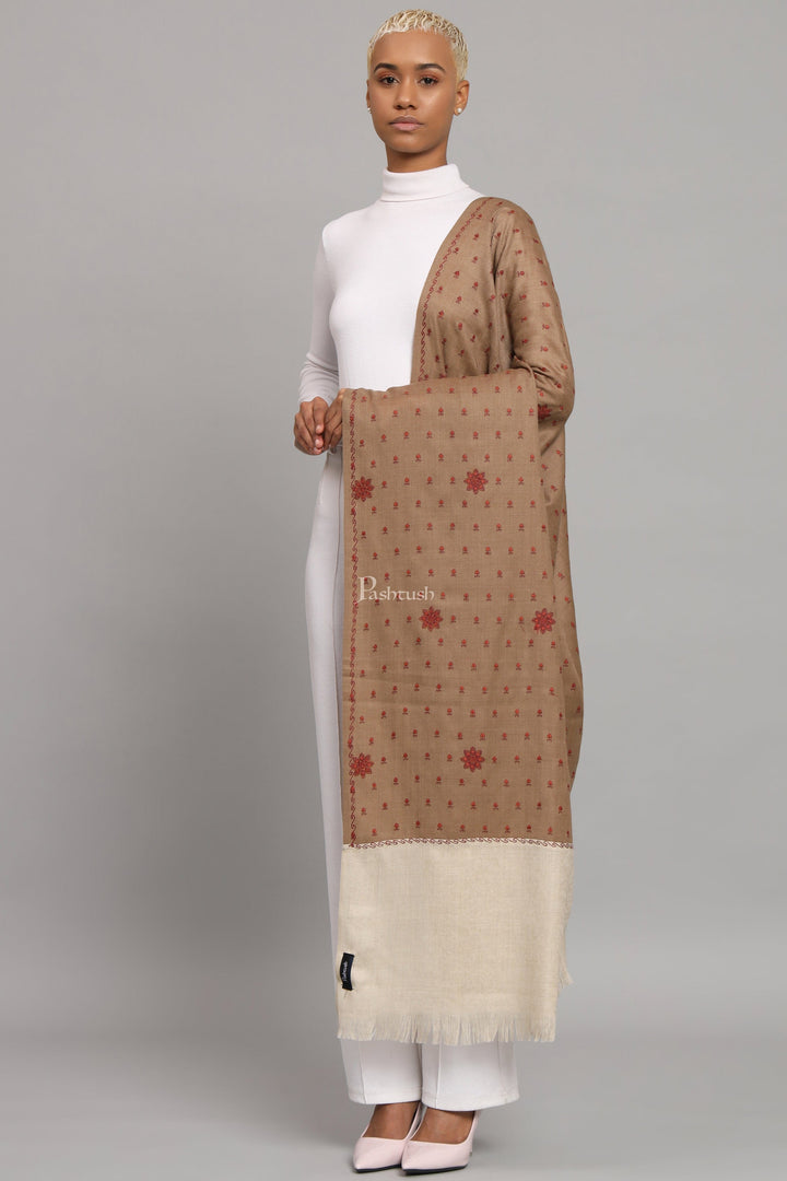 Pashtush India Womens Shawls Pashtush Womens Fine Wool Shawl, Botey Embroidery Stitched Palla Design, Beige