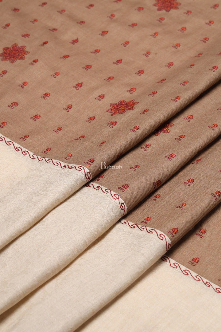 Pashtush India Womens Shawls Pashtush Womens Fine Wool Shawl, Botey Embroidery Stitched Palla Design, Beige