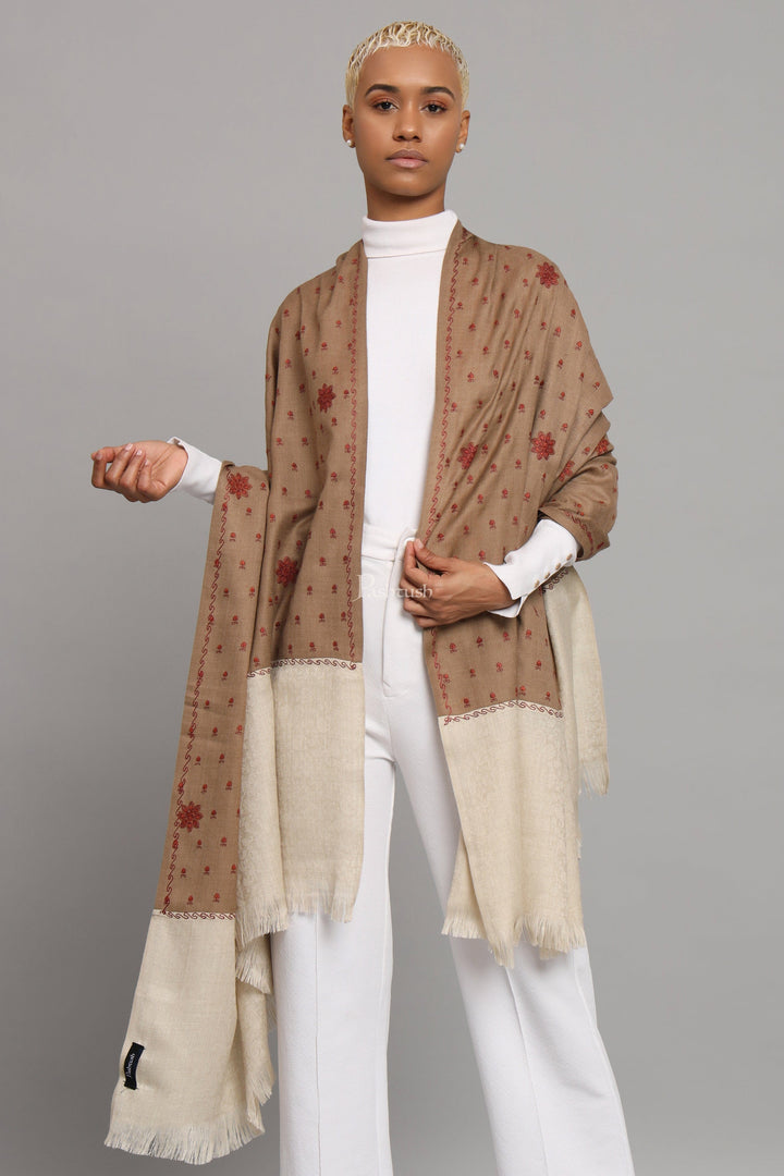 Pashtush India Womens Shawls Pashtush Womens Fine Wool Shawl, Botey Embroidery Stitched Palla Design, Beige