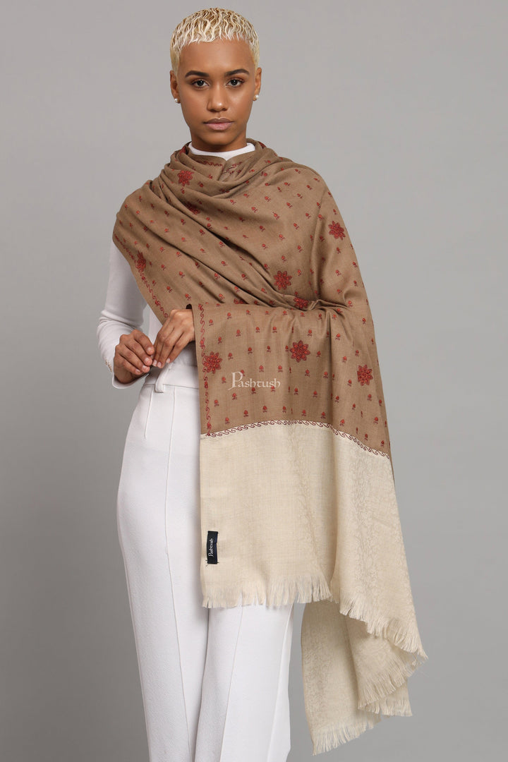 Pashtush India Womens Shawls Pashtush Womens Fine Wool Shawl, Botey Embroidery Stitched Palla Design, Beige
