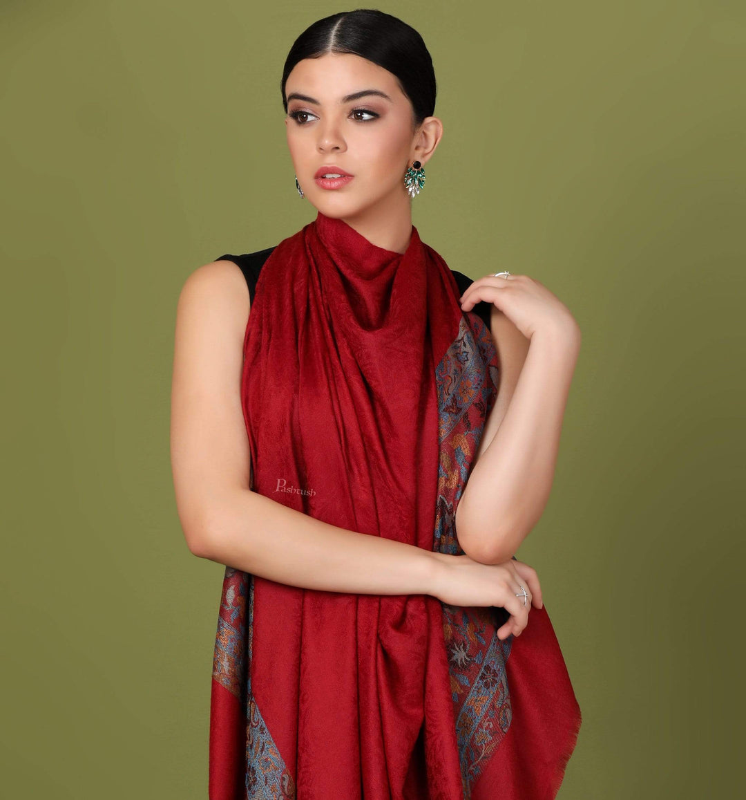 Pashtush Shawl Store Shawl Pashtush Womens Fine Wool Shawl, Carmine Maroon