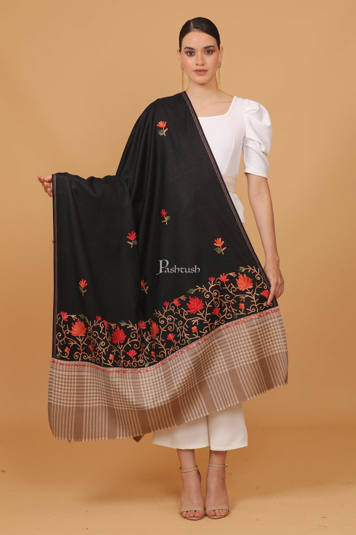 Pashtush India Womens Stoles and Scarves Scarf Pashtush womens Fine Wool shawl, contrast chess palla design, Black