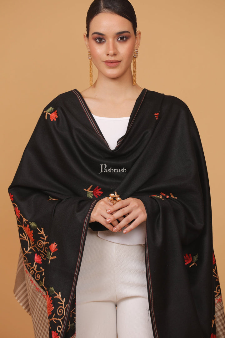 Pashtush India Womens Stoles and Scarves Scarf Pashtush womens Fine Wool shawl, contrast chess palla design, Black