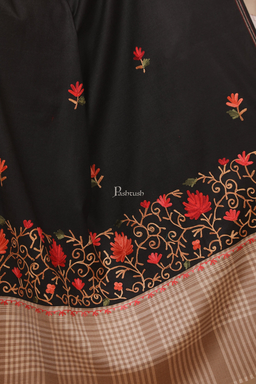 Pashtush India Womens Stoles and Scarves Scarf Pashtush womens Fine Wool shawl, contrast chess palla design, Black