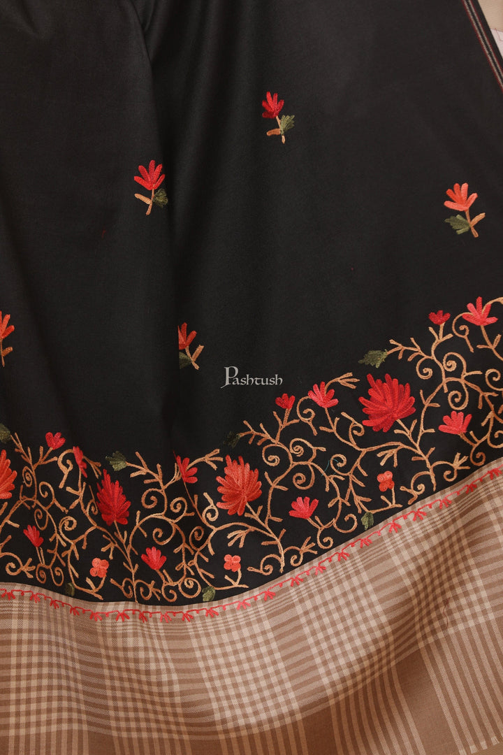 Pashtush India Womens Stoles and Scarves Scarf Pashtush womens Fine Wool shawl, contrast chess palla design, Black