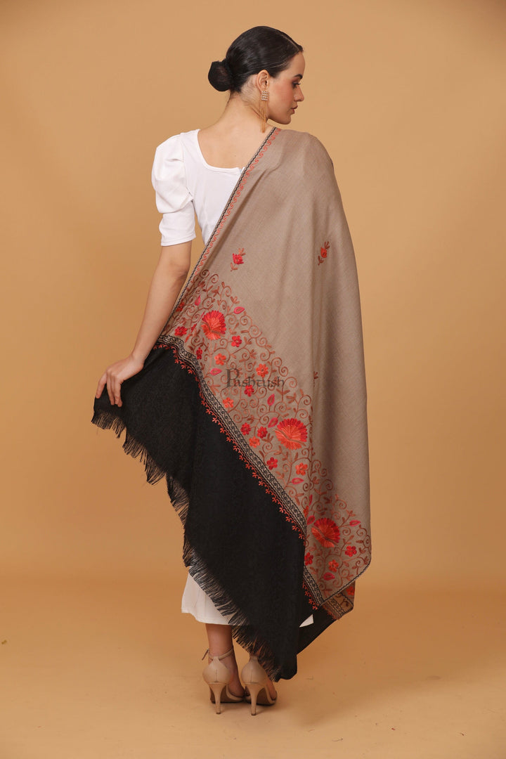 Pashtush India Womens Stoles and Scarves Scarf Pashtush womens Fine Wool shawl, contrast palla design, Taupe