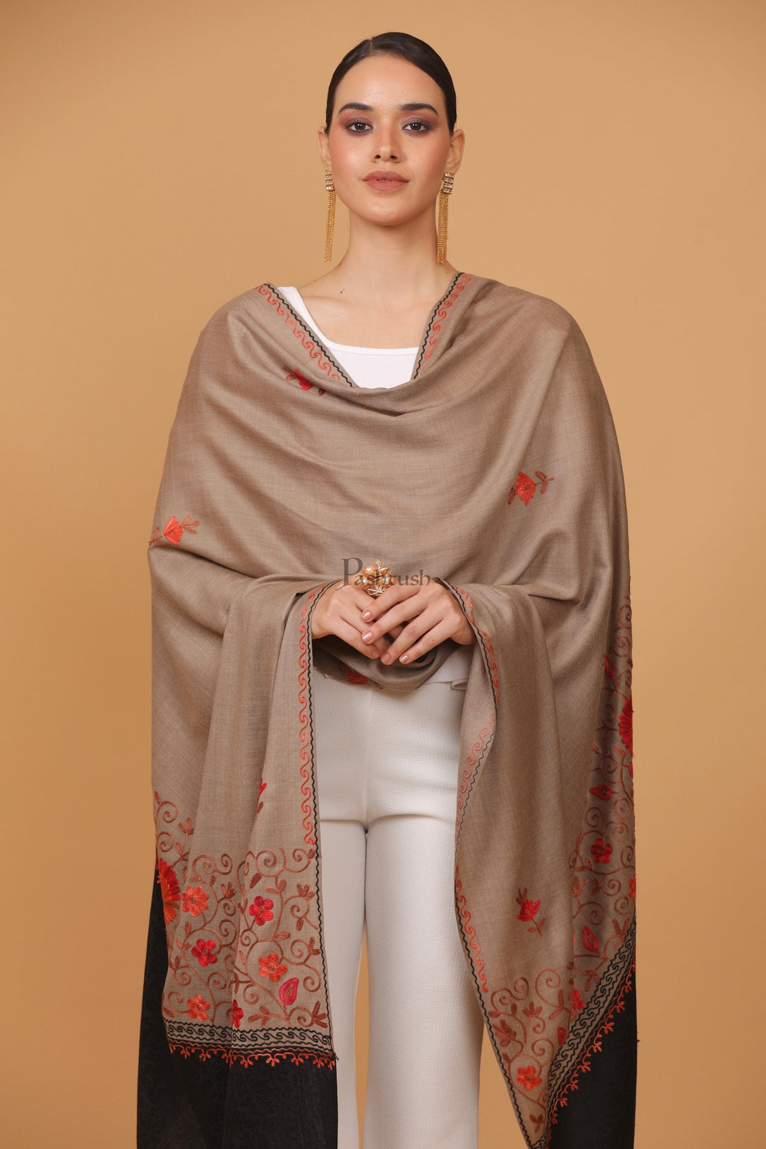Pashtush India Womens Stoles and Scarves Scarf Pashtush womens Fine Wool shawl, contrast palla design, Taupe