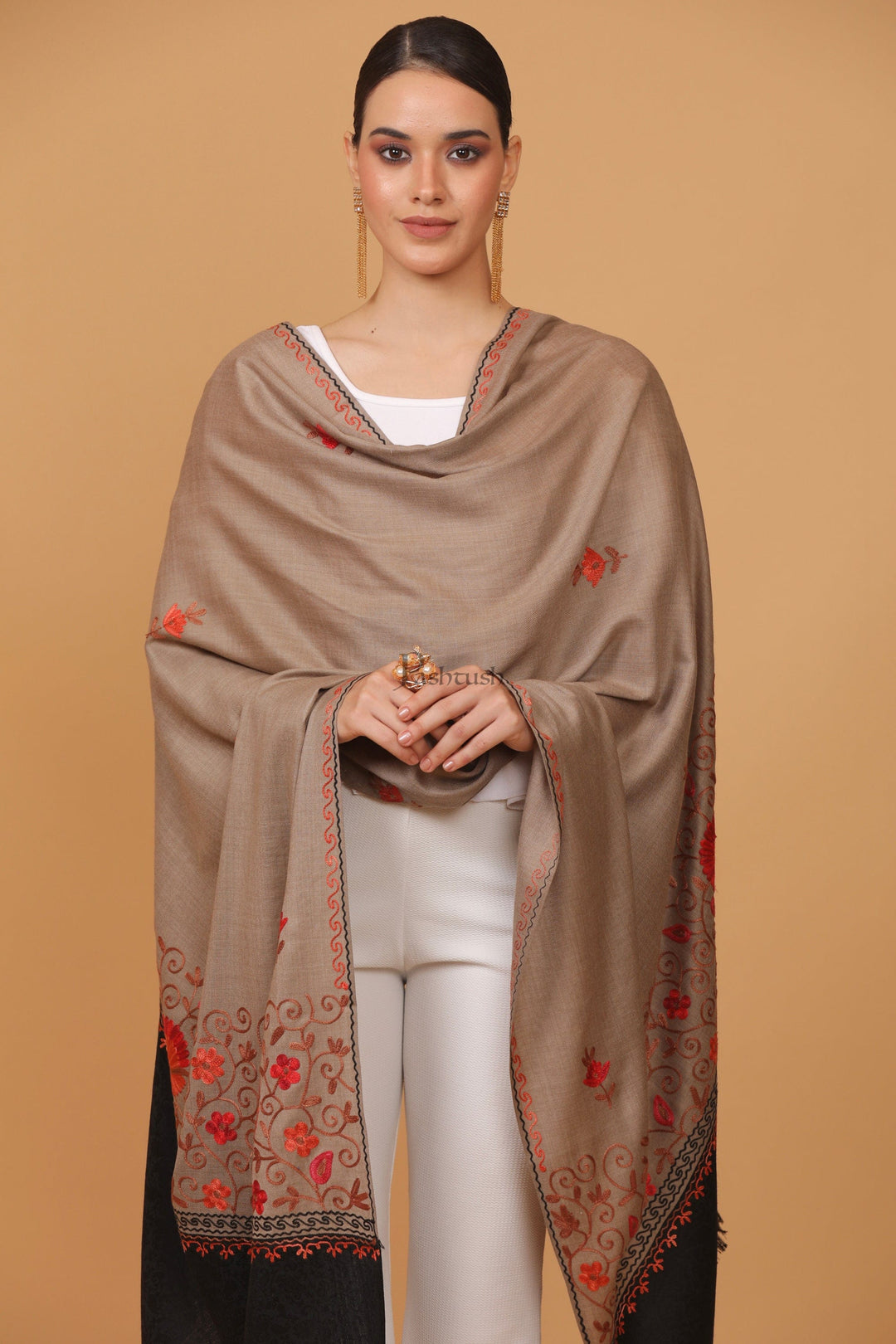 Pashtush India Womens Stoles and Scarves Scarf Pashtush womens Fine Wool shawl, contrast palla design, Taupe