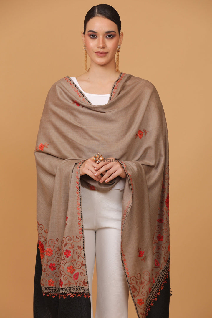 Pashtush India Womens Stoles and Scarves Scarf Pashtush womens Fine Wool shawl, contrast palla design, Taupe