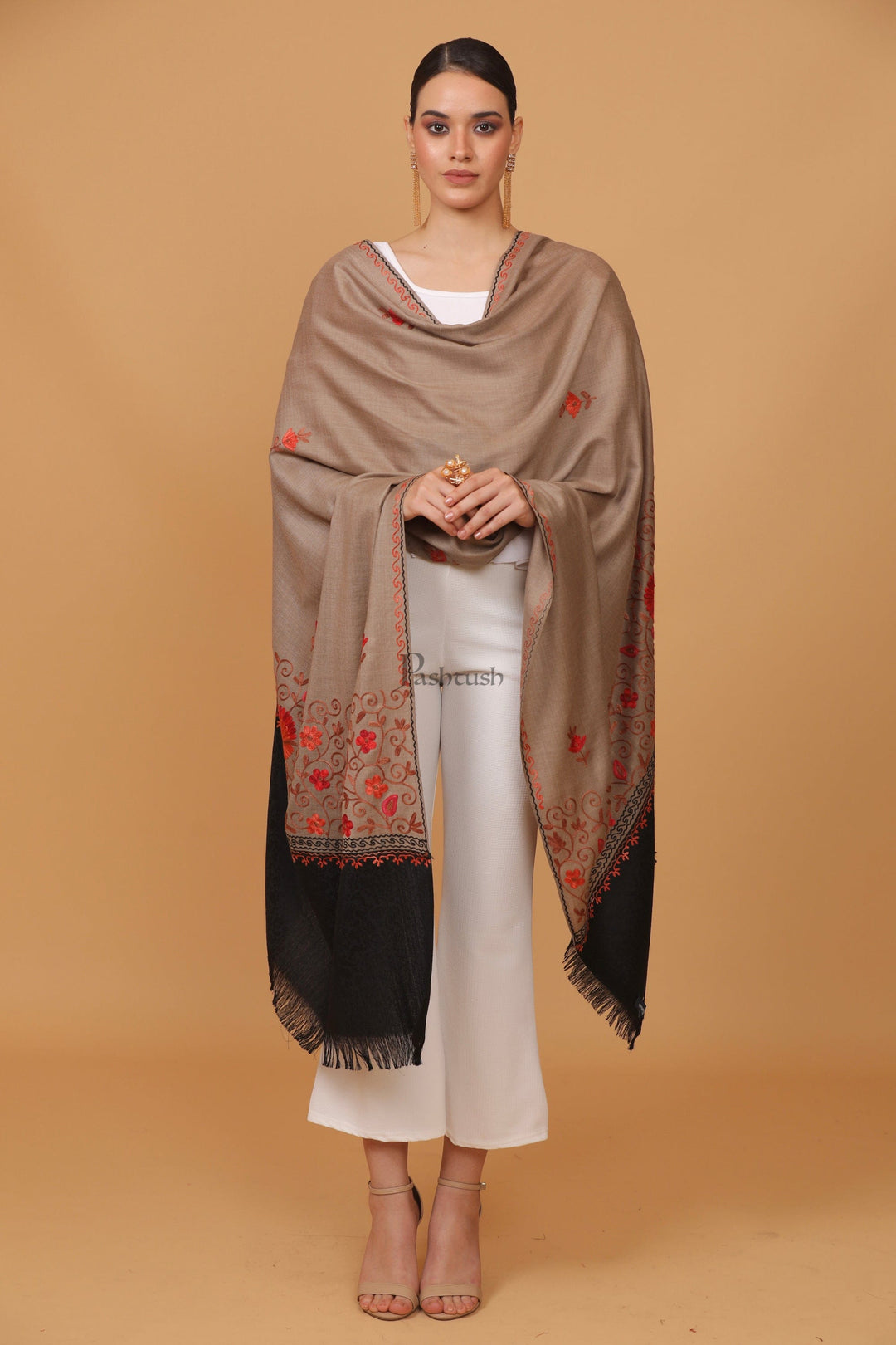 Pashtush India Womens Stoles and Scarves Scarf Pashtush womens Fine Wool shawl, contrast palla design, Taupe