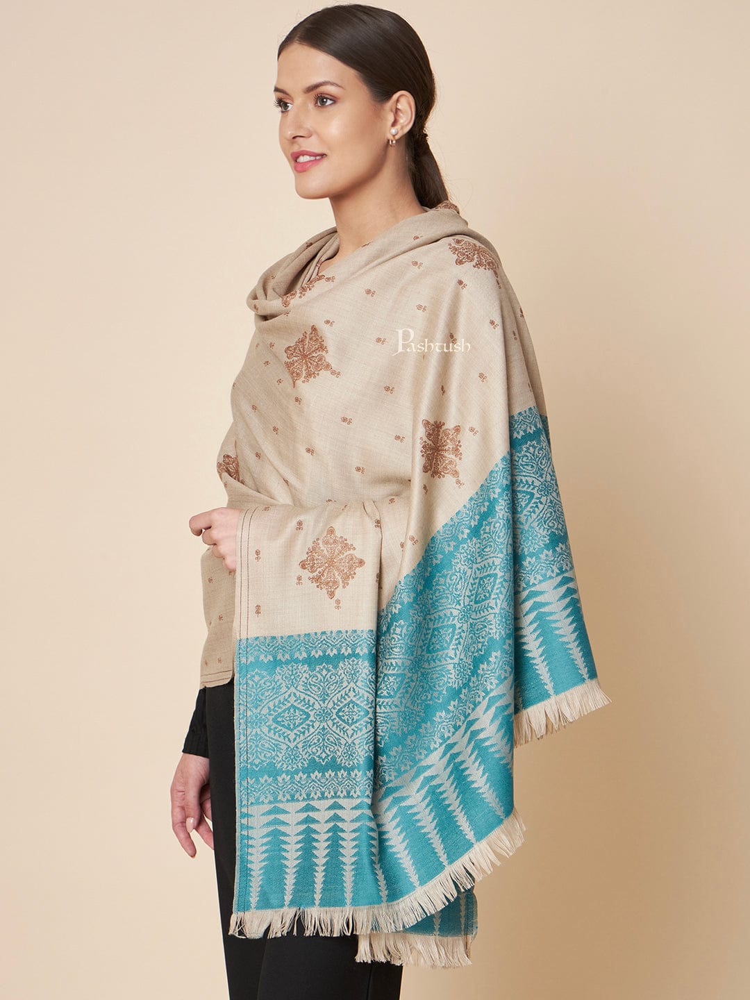 Pashtush India Womens Shawls Pashtush Womens Fine Wool Shawl, Contrast Palla With Tonal Embroidery Design, Beige