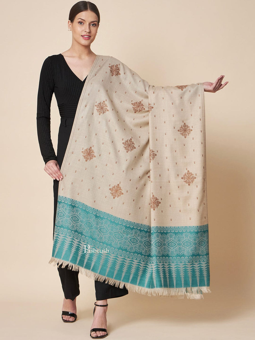 Pashtush India Womens Shawls Pashtush Womens Fine Wool Shawl, Contrast Palla With Tonal Embroidery Design, Beige