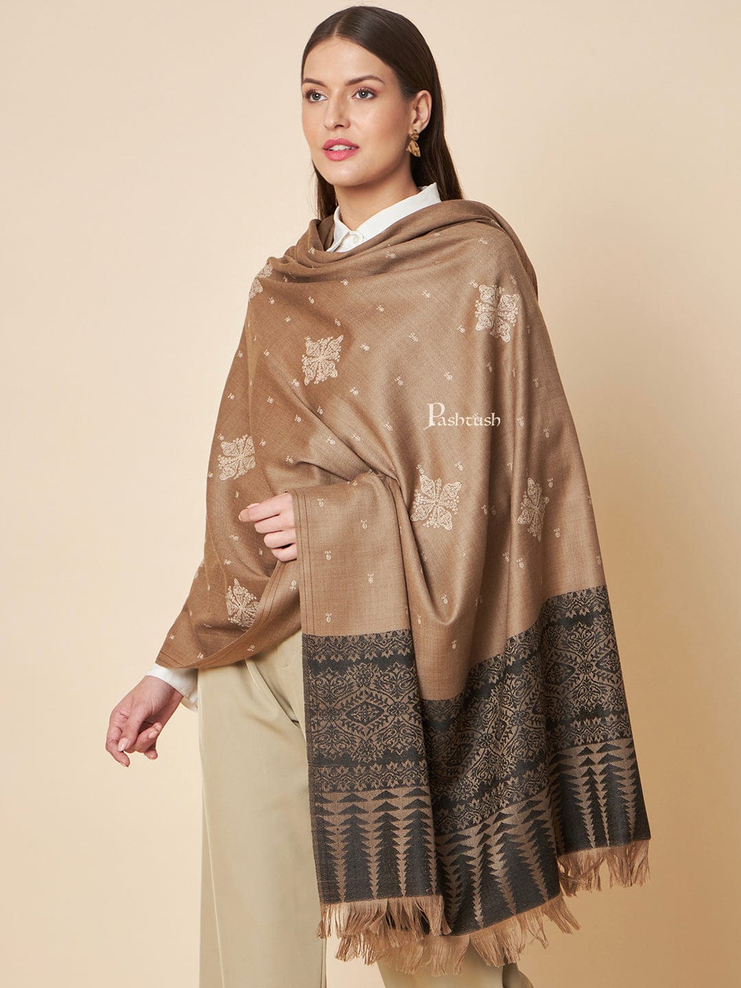 Pashtush India Womens Shawls Pashtush Womens Fine Wool Shawl, Contrast Palla With Tonal Embroidery Design, Blue And Beige