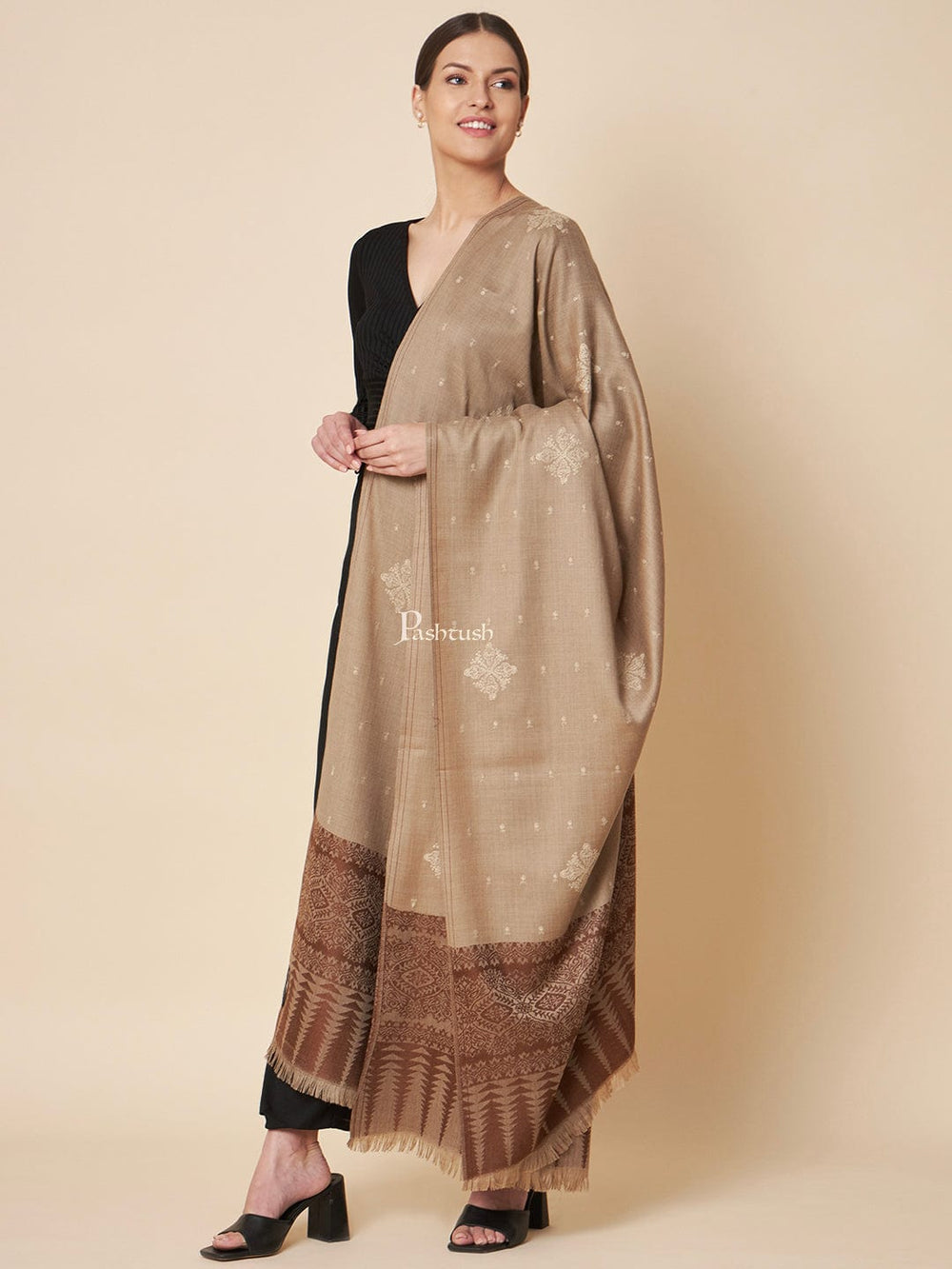 Pashtush India Womens Shawls Pashtush Womens Fine Wool Shawl, Contrast Palla With Tonal Embroidery Design, Taupe
