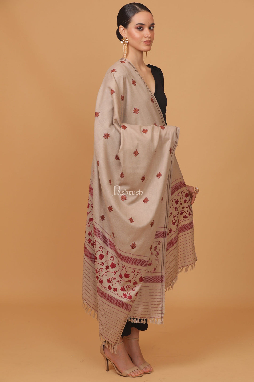 Pashtush India Womens Stoles and Scarves Scarf Pashtush womens Fine Wool shawl, design, Beige