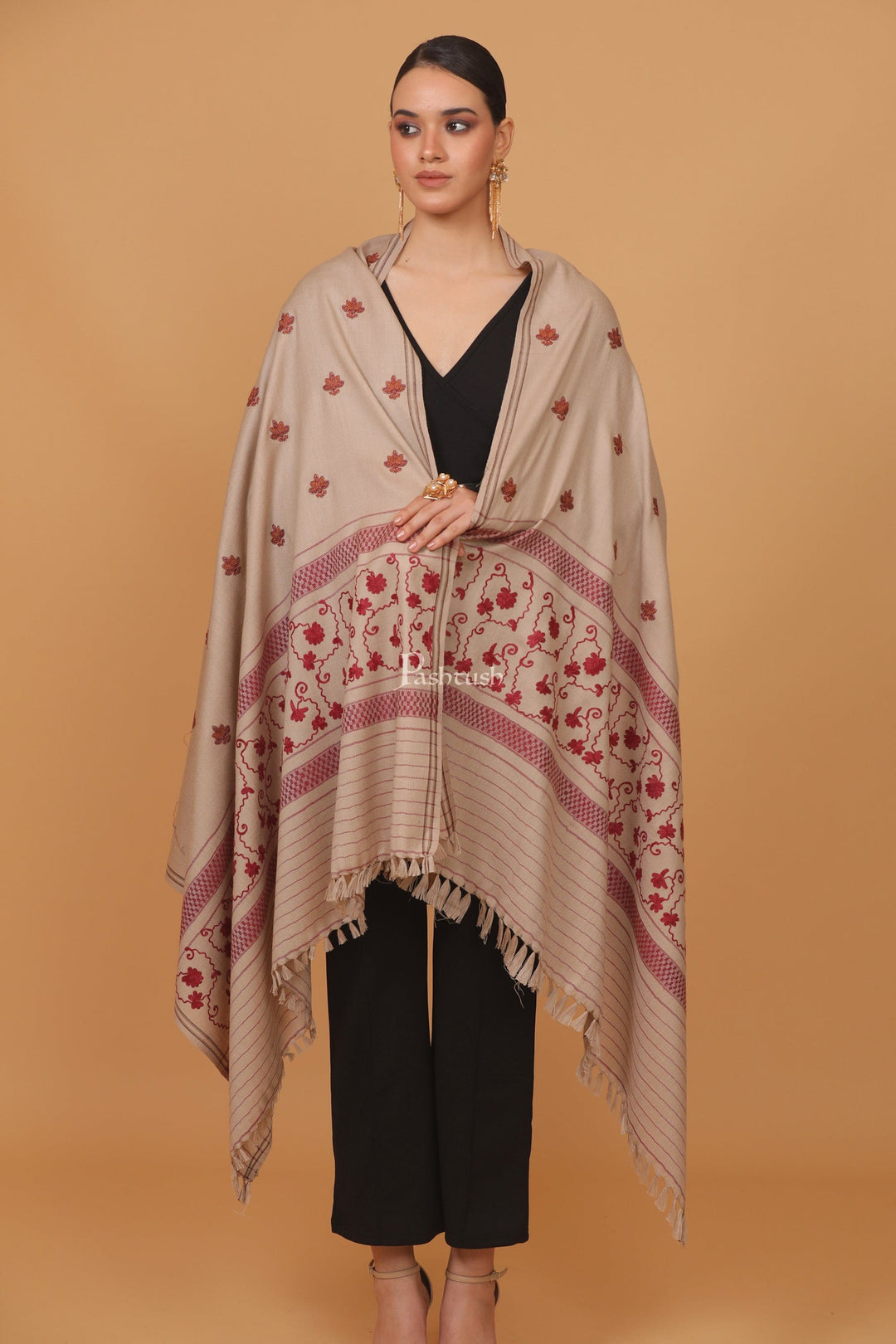 Pashtush India Womens Stoles and Scarves Scarf Pashtush womens Fine Wool shawl, design, Beige