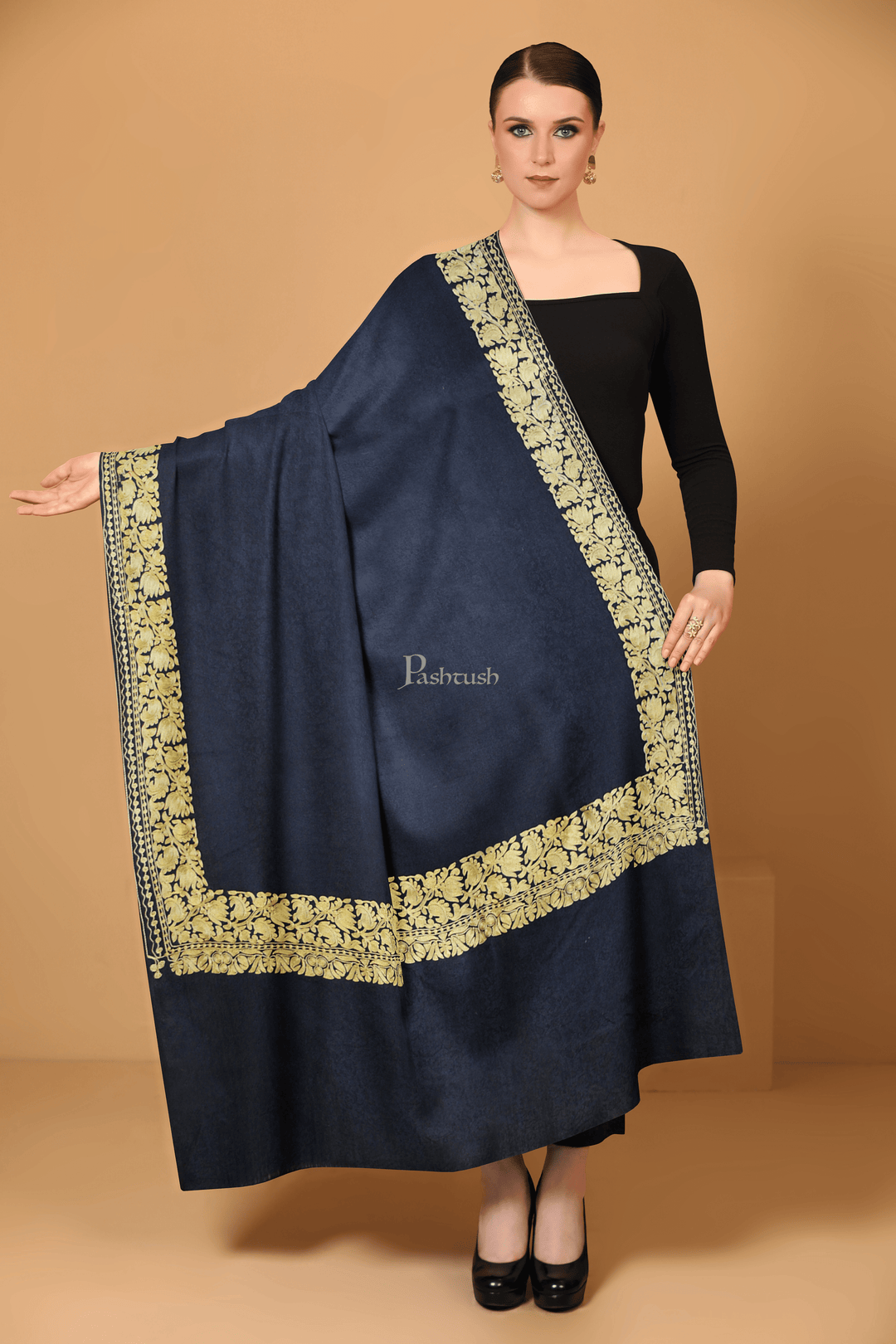 Pashtush India Womens Stoles and Scarves Scarf Pashtush Womens  Fine Wool Shawl , Design , Black