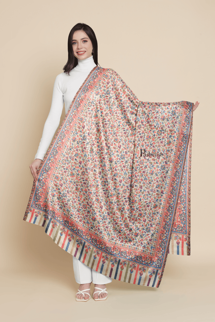 Pashtush India Womens Shawls Pashtush Womens Fine Wool Shawl,  Design, Ivory