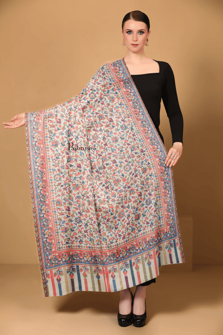 Pashtush India Womens Shawls Pashtush Womens Fine Wool Shawl,  Design, Ivory