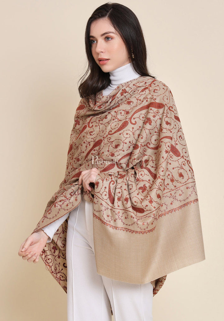 Pashtush India Womens Shawls Pashtush Womens Fine Wool Shawl, Embroidery Jaal Design, Beige