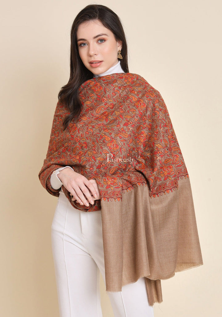 Pashtush India Womens Shawls Pashtush Womens Fine Wool Shawl, Embroidery Jaal Design, Taupe
