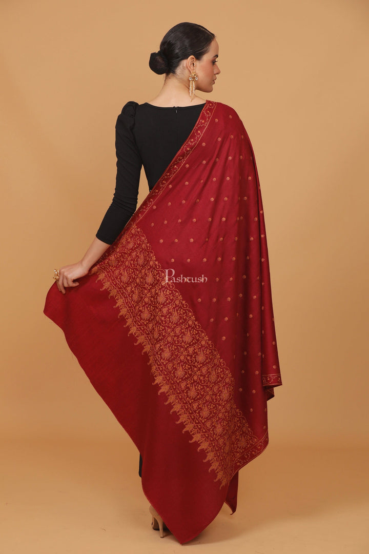 Pashtush India Womens Stoles and Scarves Scarf Pashtush womens Fine Wool shawl, embroidery shawl Paisley jaal palla design, Maroon
