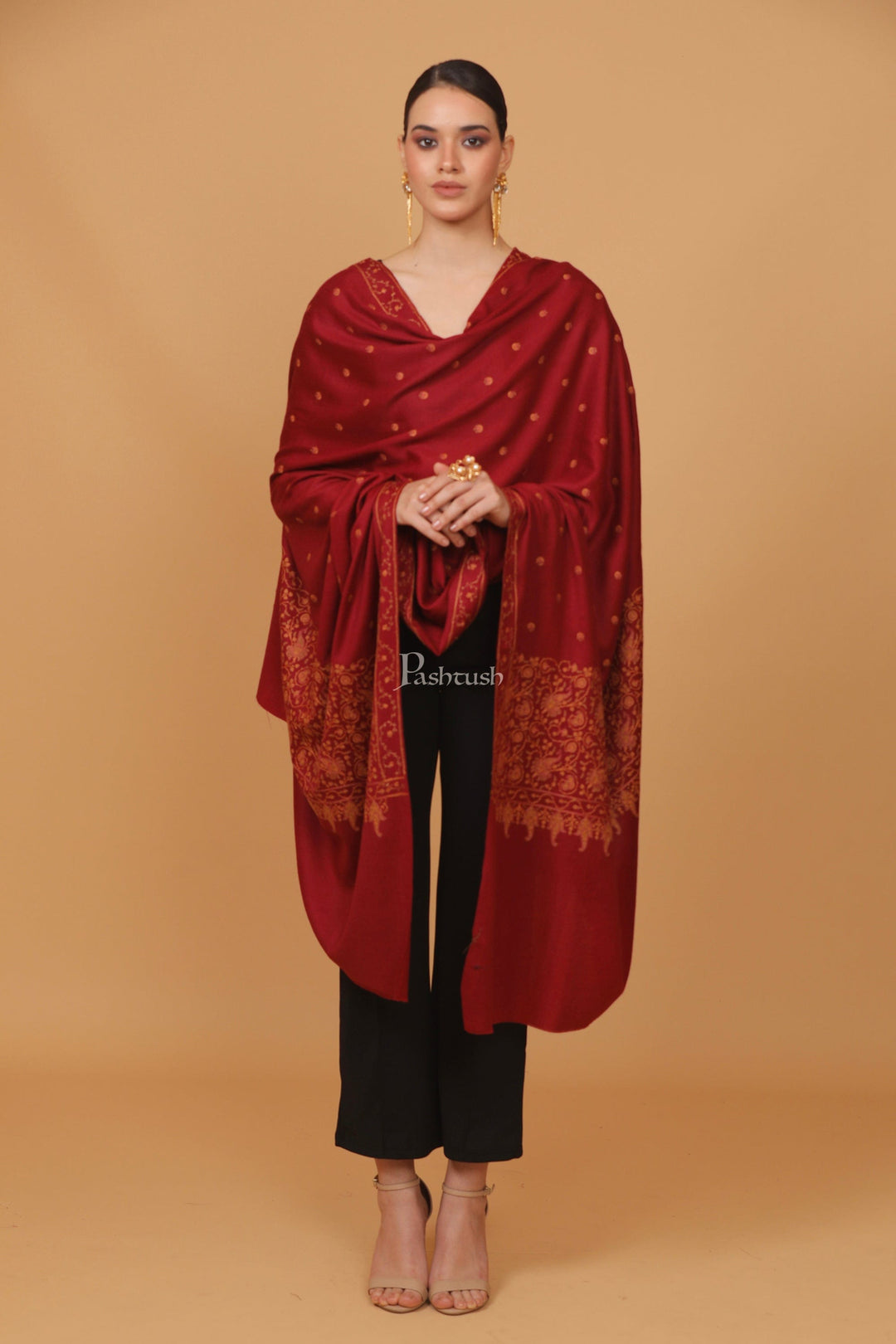 Pashtush India Womens Stoles and Scarves Scarf Pashtush womens Fine Wool shawl, embroidery shawl Paisley jaal palla design, Maroon