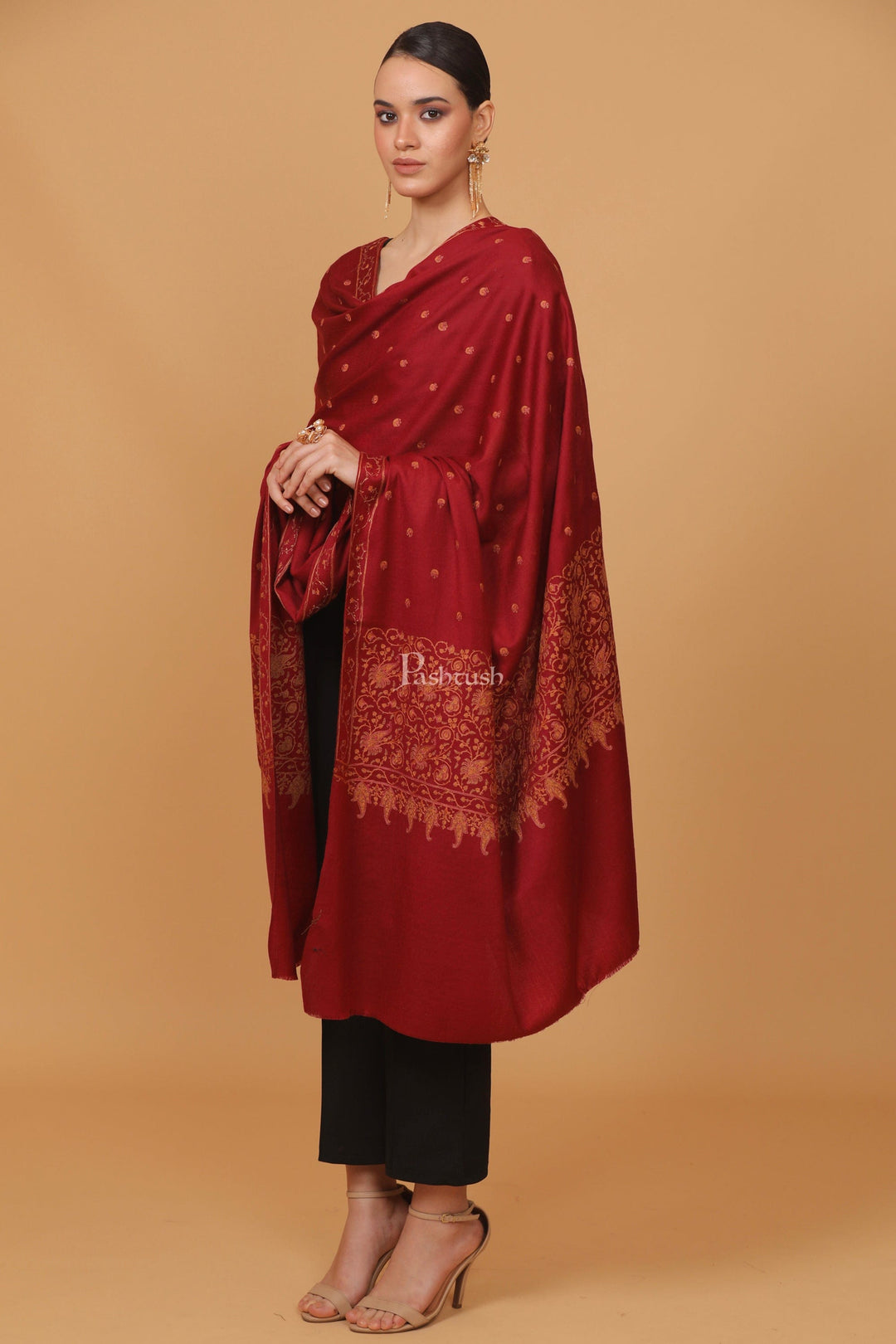 Pashtush India Womens Stoles and Scarves Scarf Pashtush womens Fine Wool shawl, embroidery shawl Paisley jaal palla design, Maroon