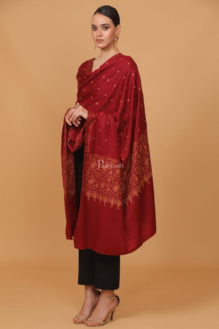 Pashtush India Womens Stoles and Scarves Scarf Pashtush womens Fine Wool shawl, embroidery shawl Paisley jaal palla design, Maroon