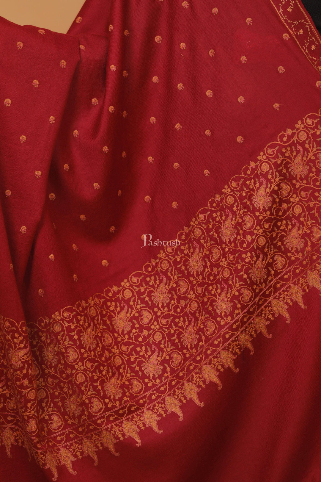 Pashtush India Womens Stoles and Scarves Scarf Pashtush womens Fine Wool shawl, embroidery shawl Paisley jaal palla design, Maroon