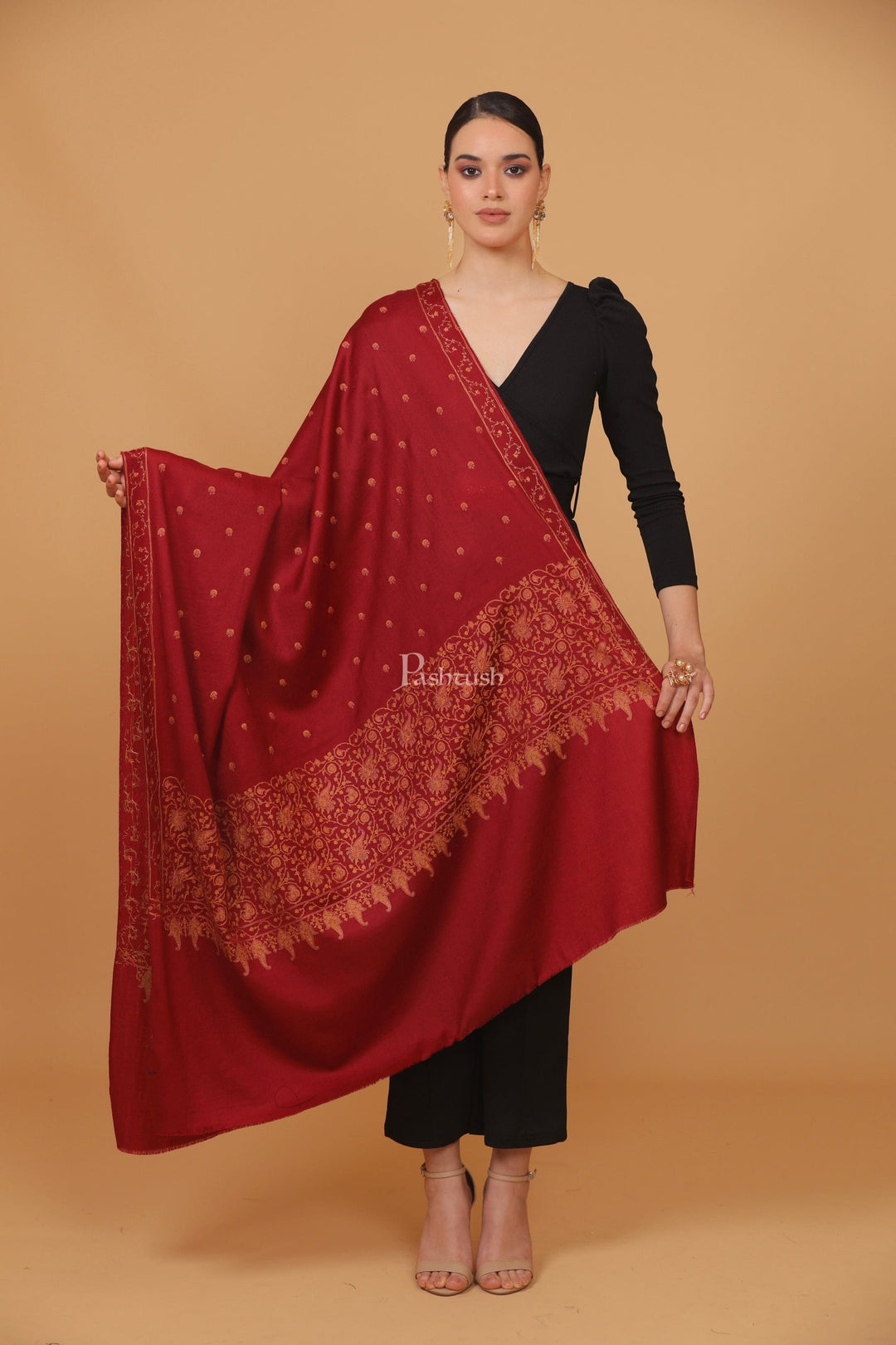 Pashtush India Womens Stoles and Scarves Scarf Pashtush womens Fine Wool shawl, embroidery shawl Paisley jaal palla design, Maroon