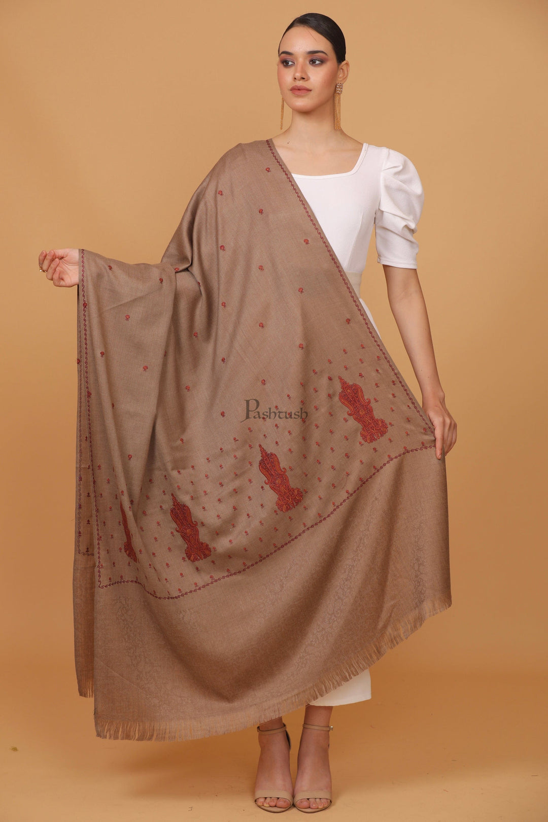 Pashtush India Womens Stoles and Scarves Scarf Pashtush womens Fine Wool shawl, embroidery shawl Paisley self palla design, Taupe