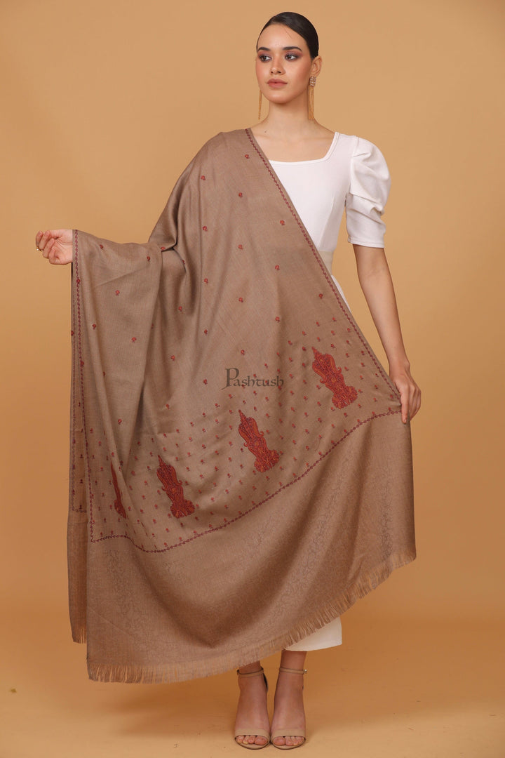 Pashtush India Womens Stoles and Scarves Scarf Pashtush womens Fine Wool shawl, embroidery shawl Paisley self palla design, Taupe