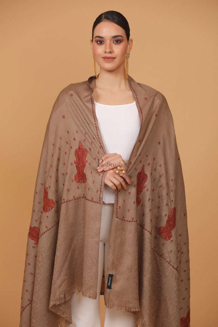 Pashtush India Womens Stoles and Scarves Scarf Pashtush womens Fine Wool shawl, embroidery shawl Paisley self palla design, Taupe