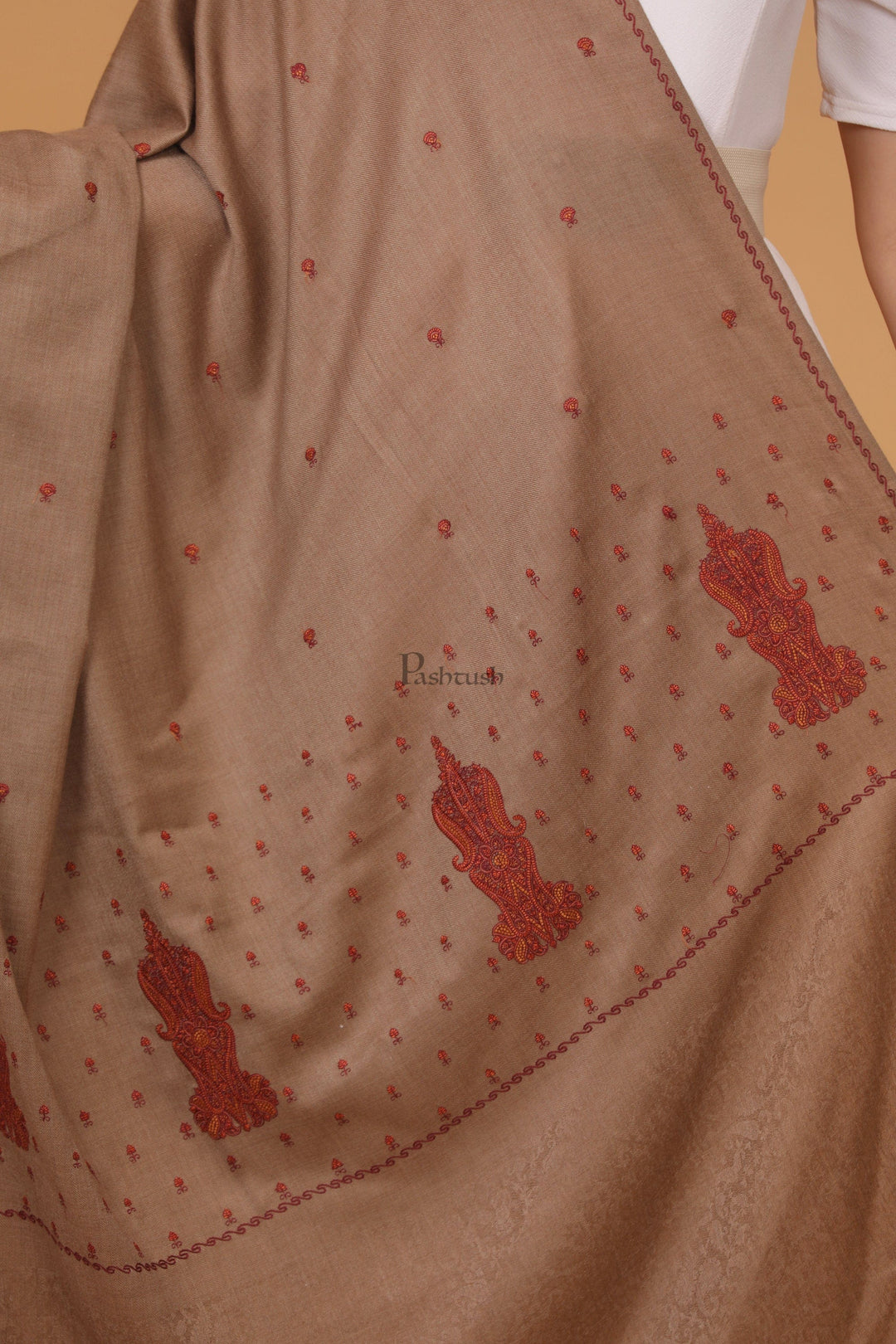 Pashtush India Womens Stoles and Scarves Scarf Pashtush womens Fine Wool shawl, embroidery shawl Paisley self palla design, Taupe