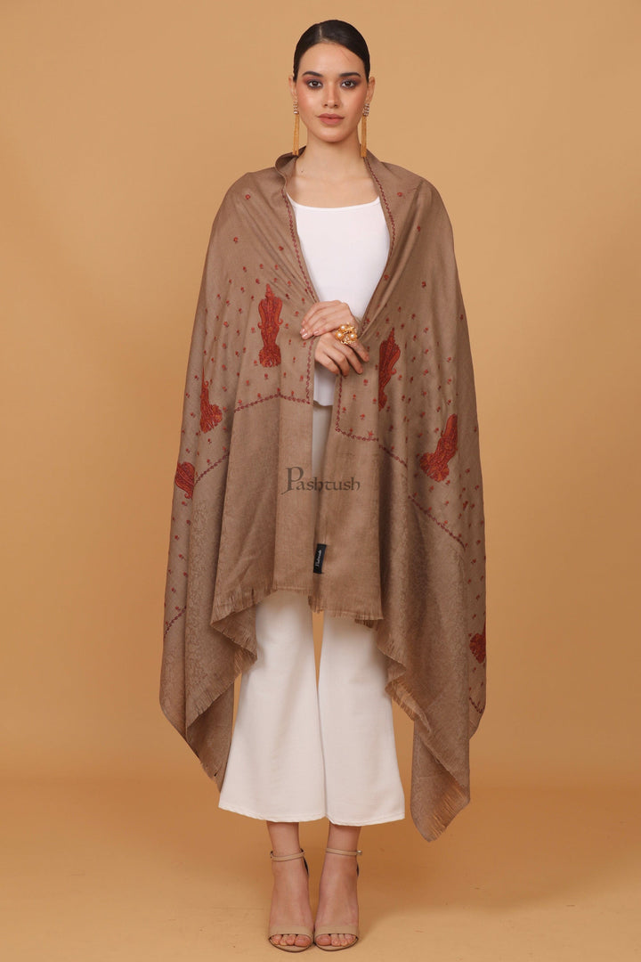Pashtush India Womens Stoles and Scarves Scarf Pashtush womens Fine Wool shawl, embroidery shawl Paisley self palla design, Taupe