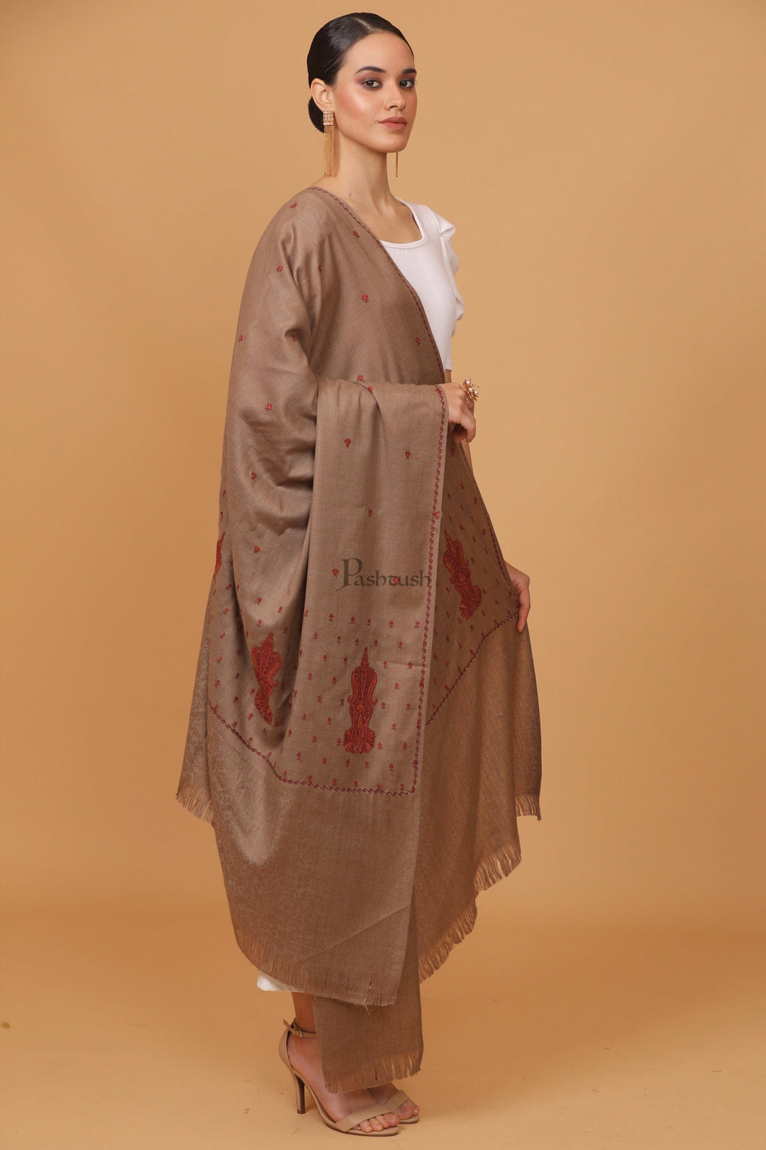 Pashtush India Womens Stoles and Scarves Scarf Pashtush womens Fine Wool shawl, embroidery shawl Paisley self palla design, Taupe