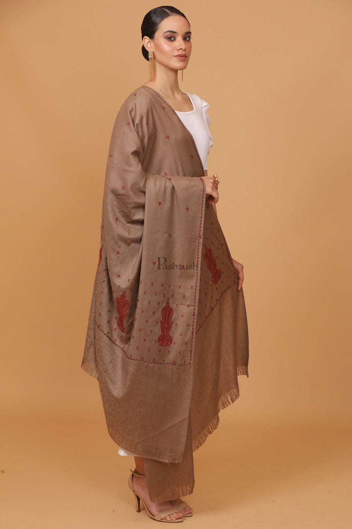 Pashtush India Womens Stoles and Scarves Scarf Pashtush womens Fine Wool shawl, embroidery shawl Paisley self palla design, Taupe