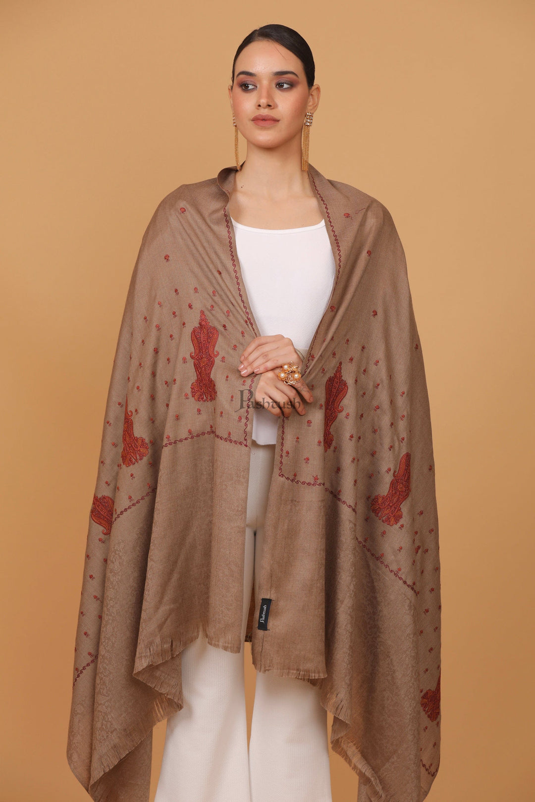 Pashtush India Womens Stoles and Scarves Scarf Pashtush womens Fine Wool shawl, embroidery shawl Paisley self palla design, Taupe
