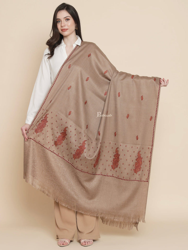 Pashtush India Womens Stoles and Scarves Scarf Pashtush womens Fine Wool shawl, embroidery shawl Paisley self palla design, Taupe