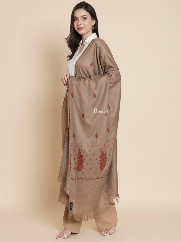 Pashtush India Womens Stoles and Scarves Scarf Pashtush womens Fine Wool shawl, embroidery shawl Paisley self palla design, Taupe