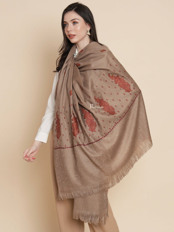 Pashtush India Womens Stoles and Scarves Scarf Pashtush womens Fine Wool shawl, embroidery shawl Paisley self palla design, Taupe